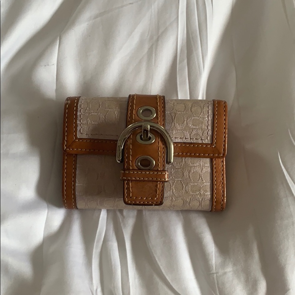 Coach wallet purple base fabric tan leather trim